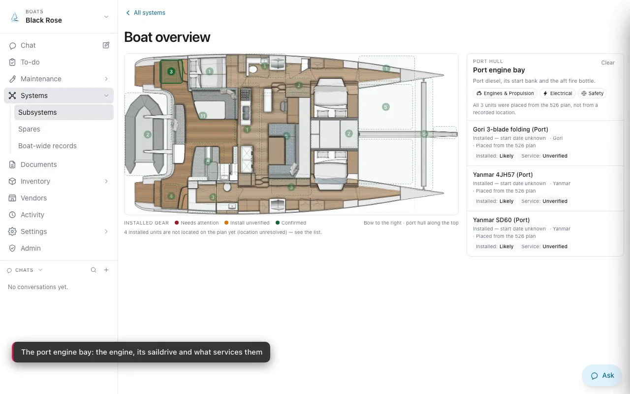 Boat overview — the port engine bay's engine, saildrive and propeller