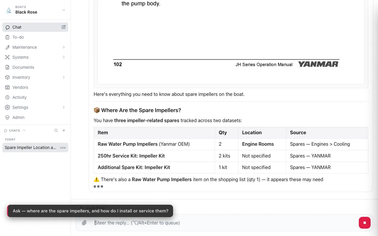 Chat answering where the spare impellers are, with each row's source